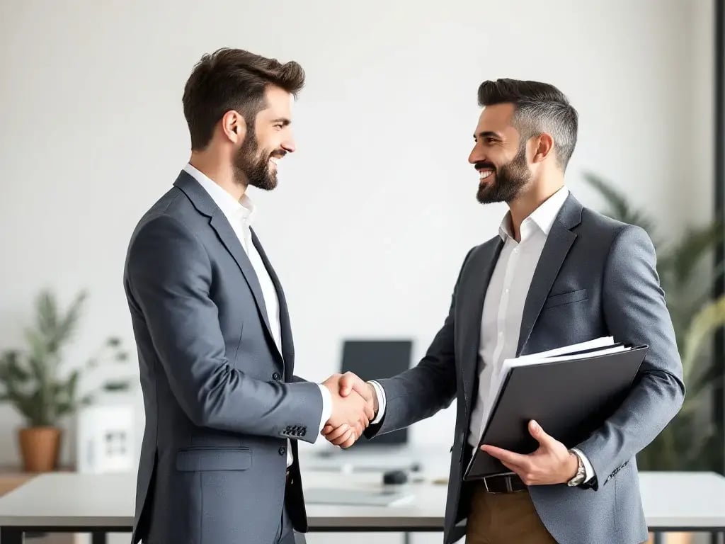 A modern office setting with a happy investor shaking hands with a real estate agent in Northern Cyprus.