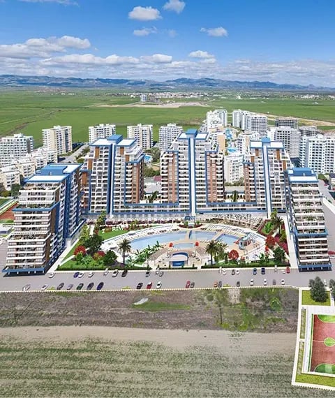 Aerial image of the Riverside Life Residence project located in the İskele area of ​​Northern Cyprus.