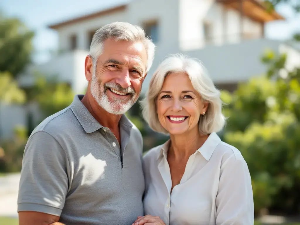 Elderly German couple, retired engineers, smiling in front of their new home in Northern Cyprus.