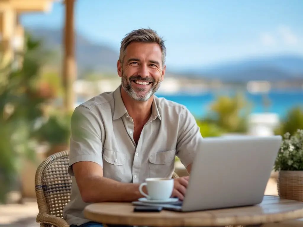 Middle-aged English financier sitting outdoors in Northern Cyprus, smiling with a cup of coffee.