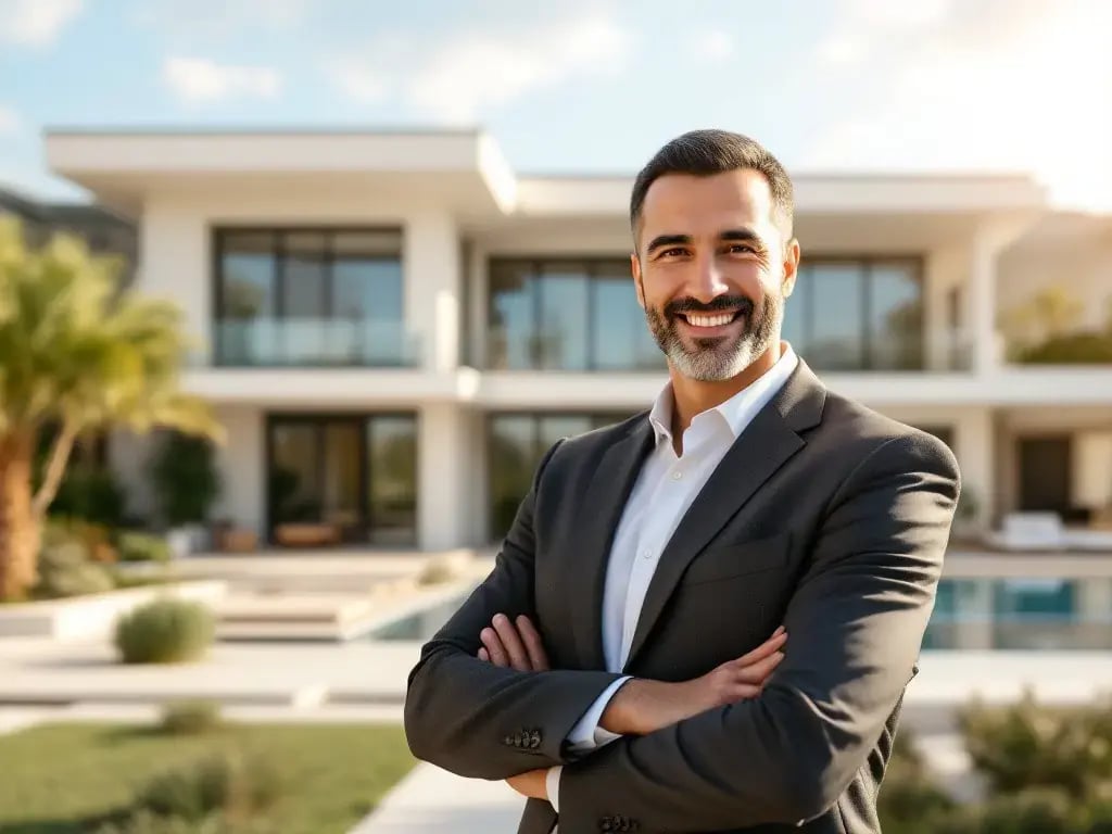 Middle-aged Turkish surgeon smiling in front of a luxury villa in Northern Cyprus.