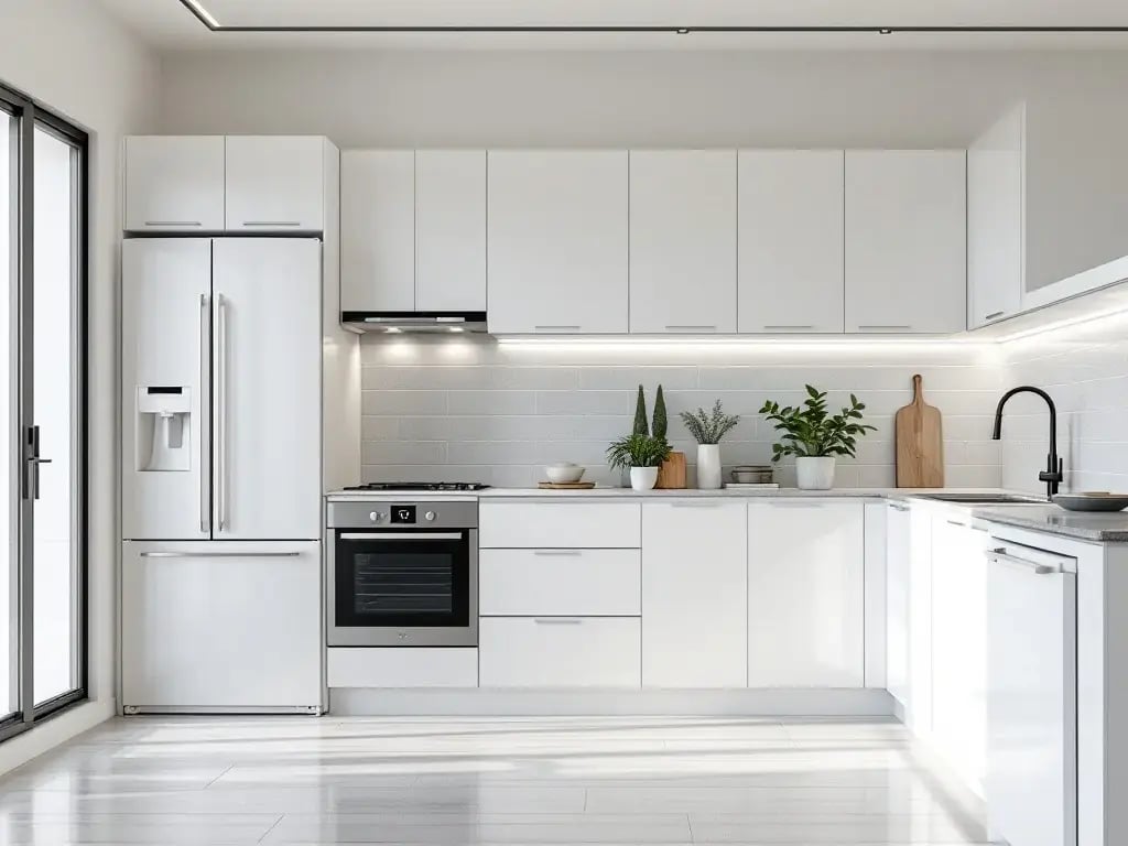 A modern kitchen in Northern Cyprus, showcasing high-end white appliances like a refrigerator and oven.