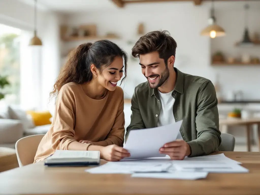 A happy couple reviewing property documents in a modern Northern Cyprus apartment.